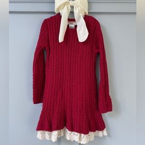 Christmas Sweater Dress Perfection: Sparkling Red Knit Dress w/ Lace Trim + Back